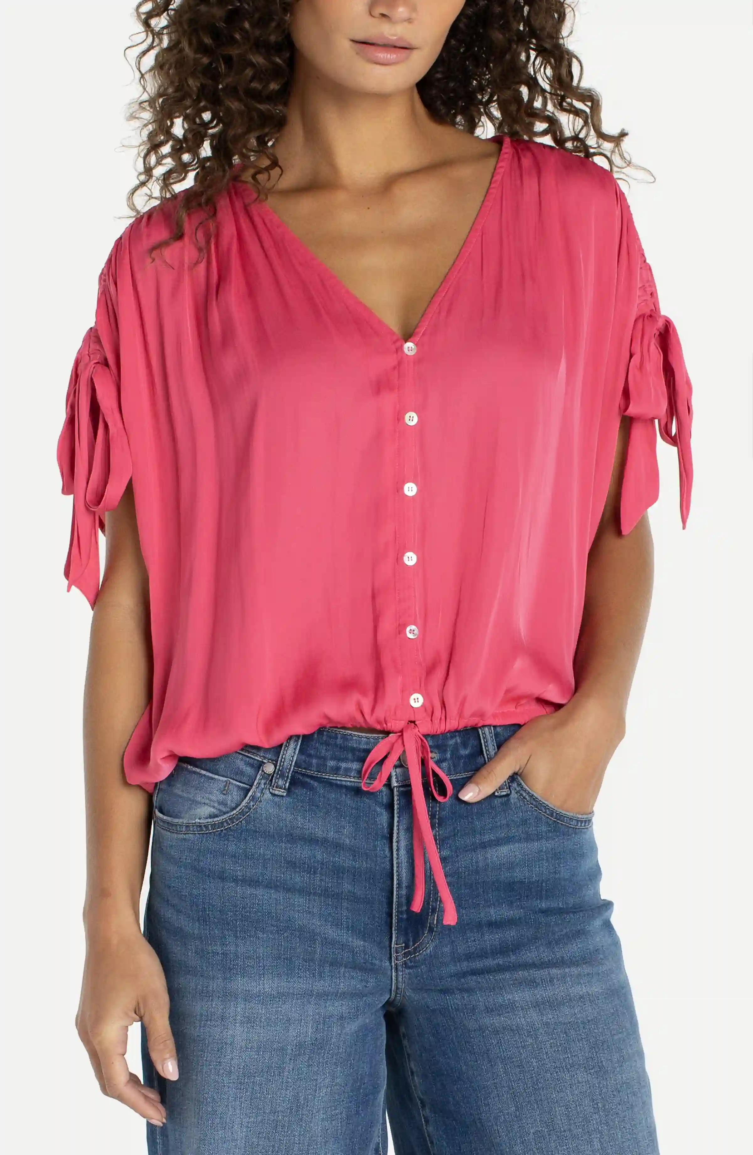 DOLMAN V-NECK WOVEN TOP W/ TIES