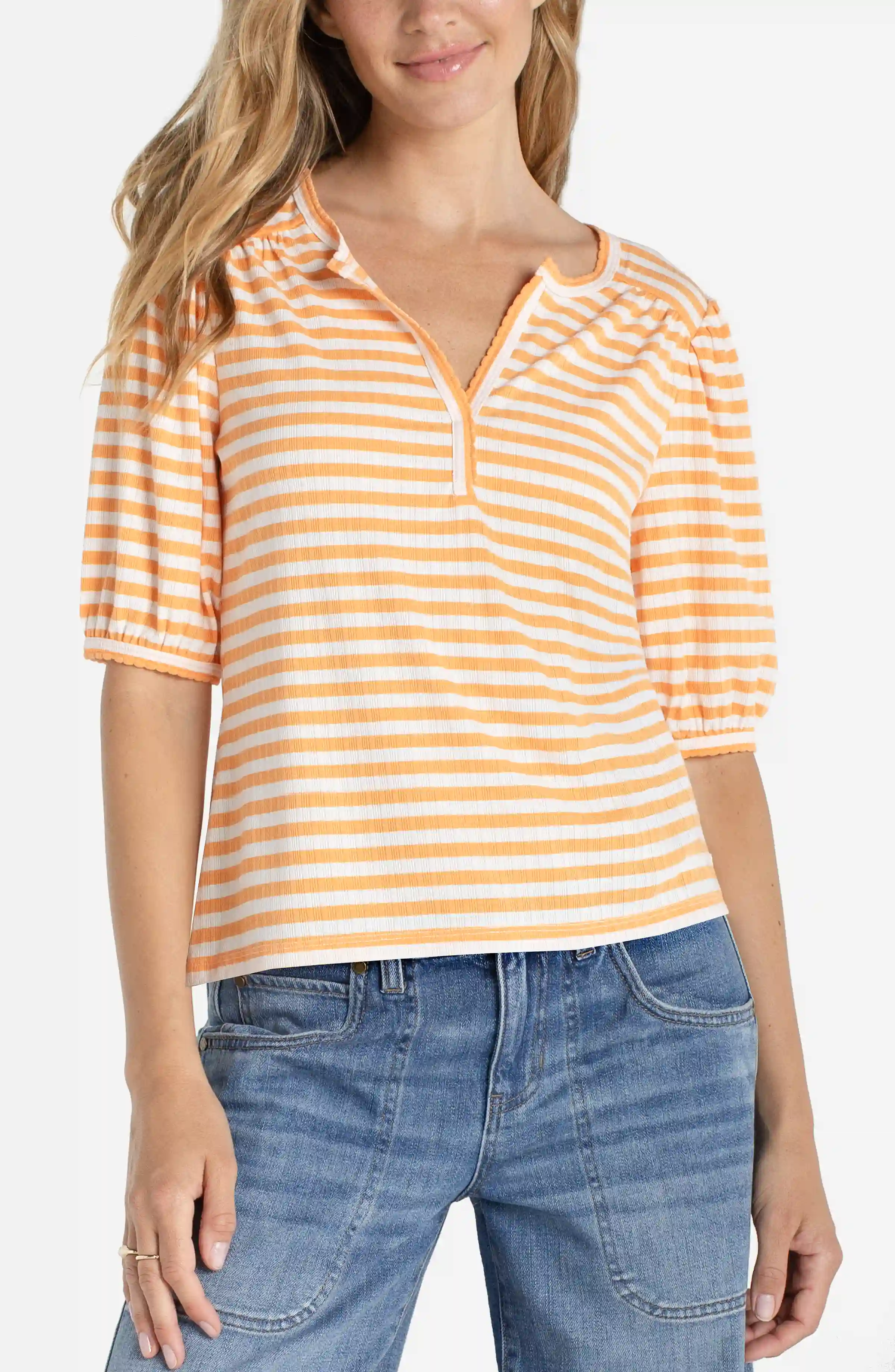 ELBOW SLEEVE HENLEY KNIT TOP