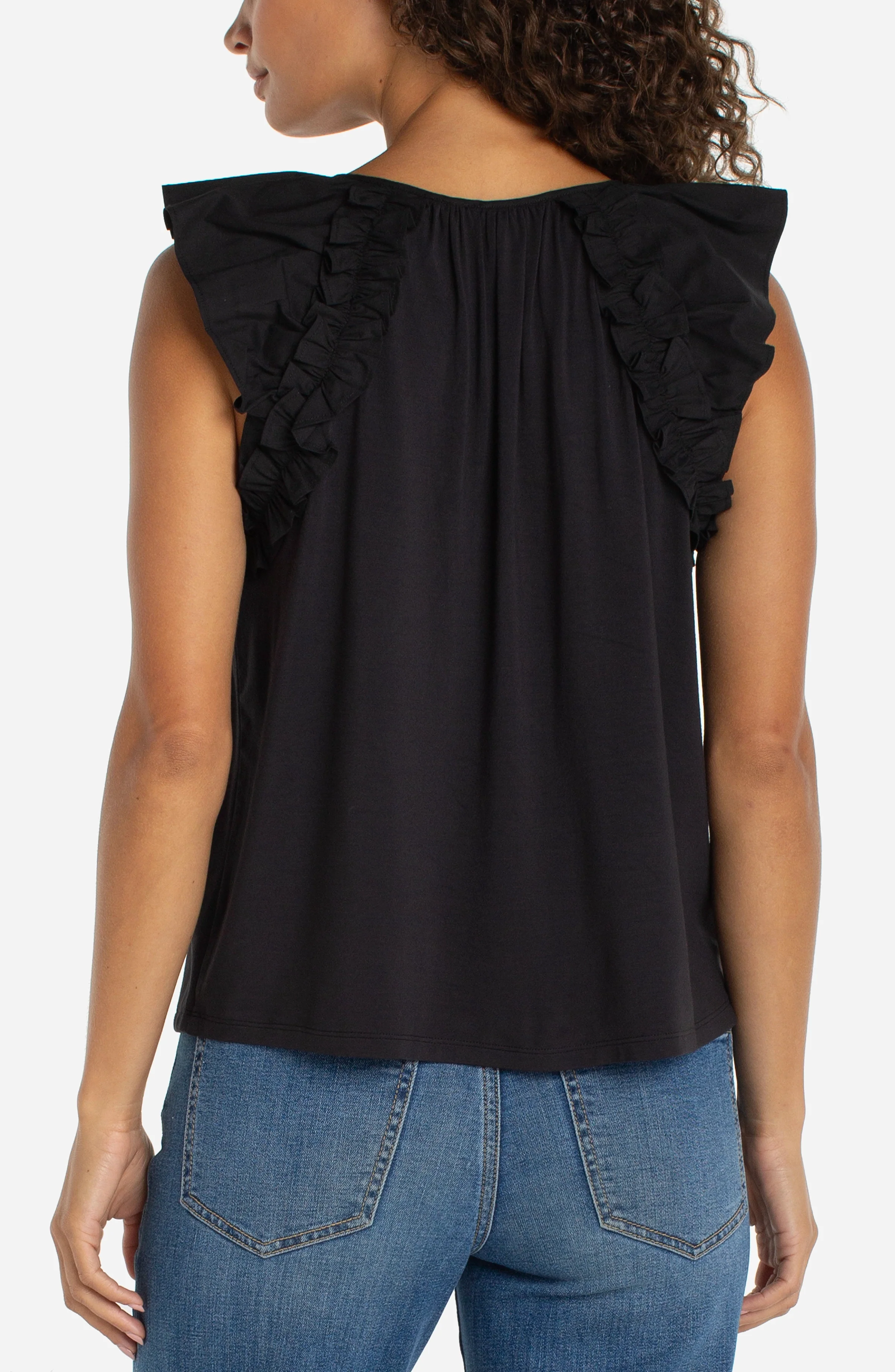 FLUTTER SLEEVE KNIT-TO-WOVEN TOP W/ TIES - Image 2