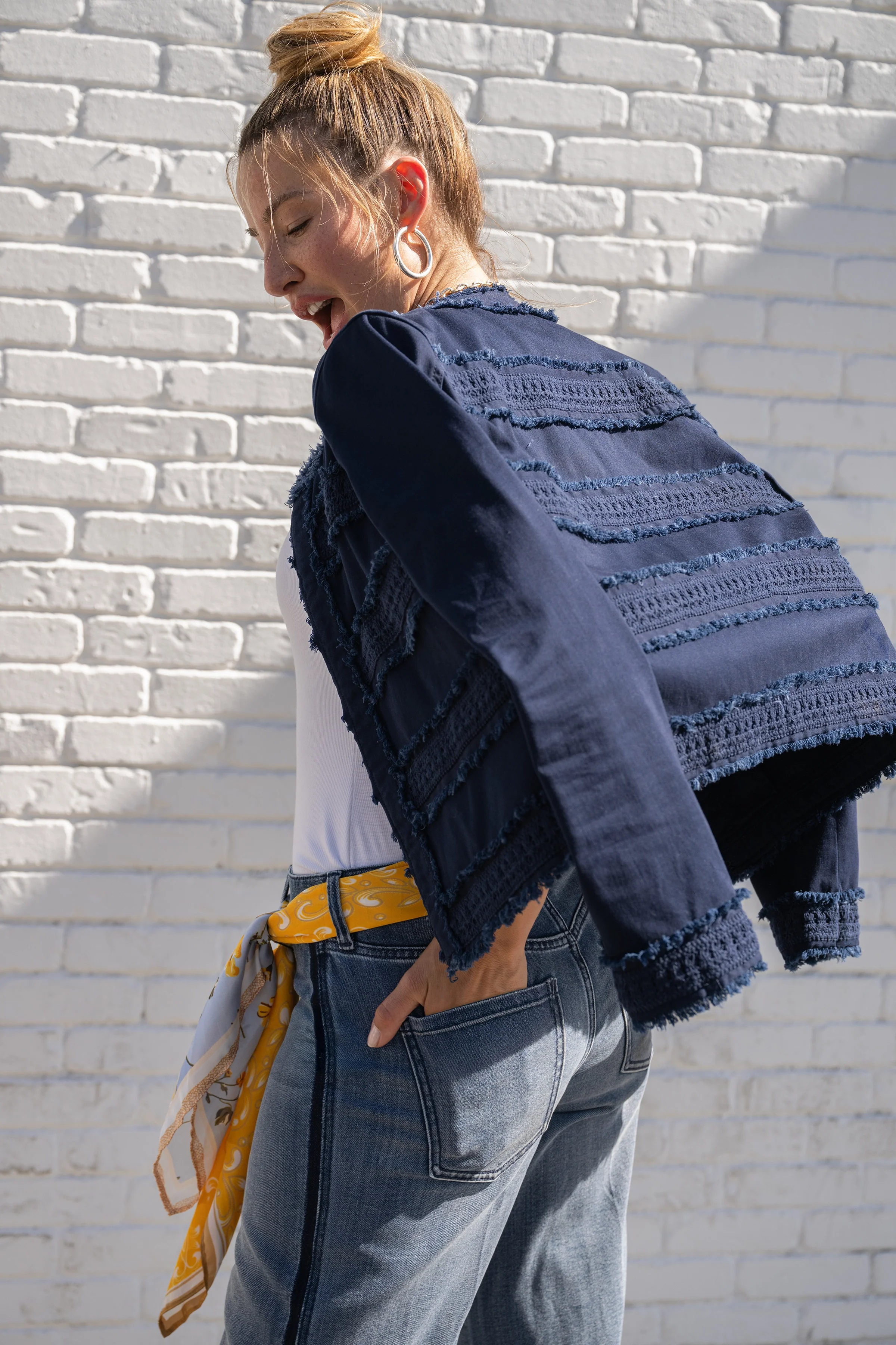 PETITE COLLARLESS JACKET WITH FRAY & LACE - Image 5