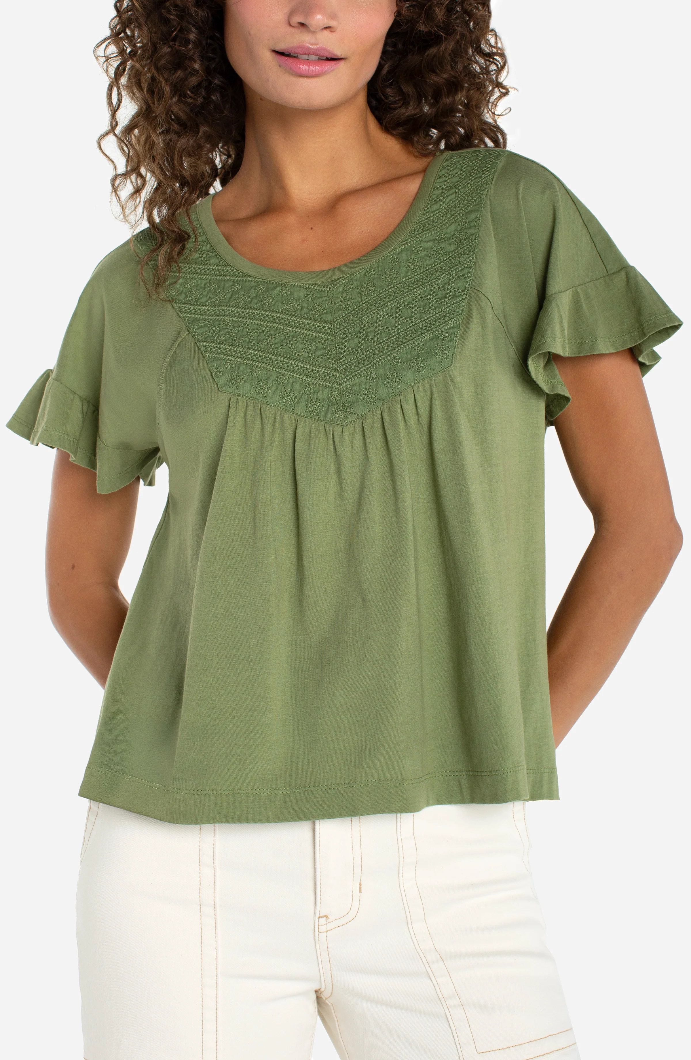 FLUTTER SLEEVE KNIT-TO-WOVEN TOP