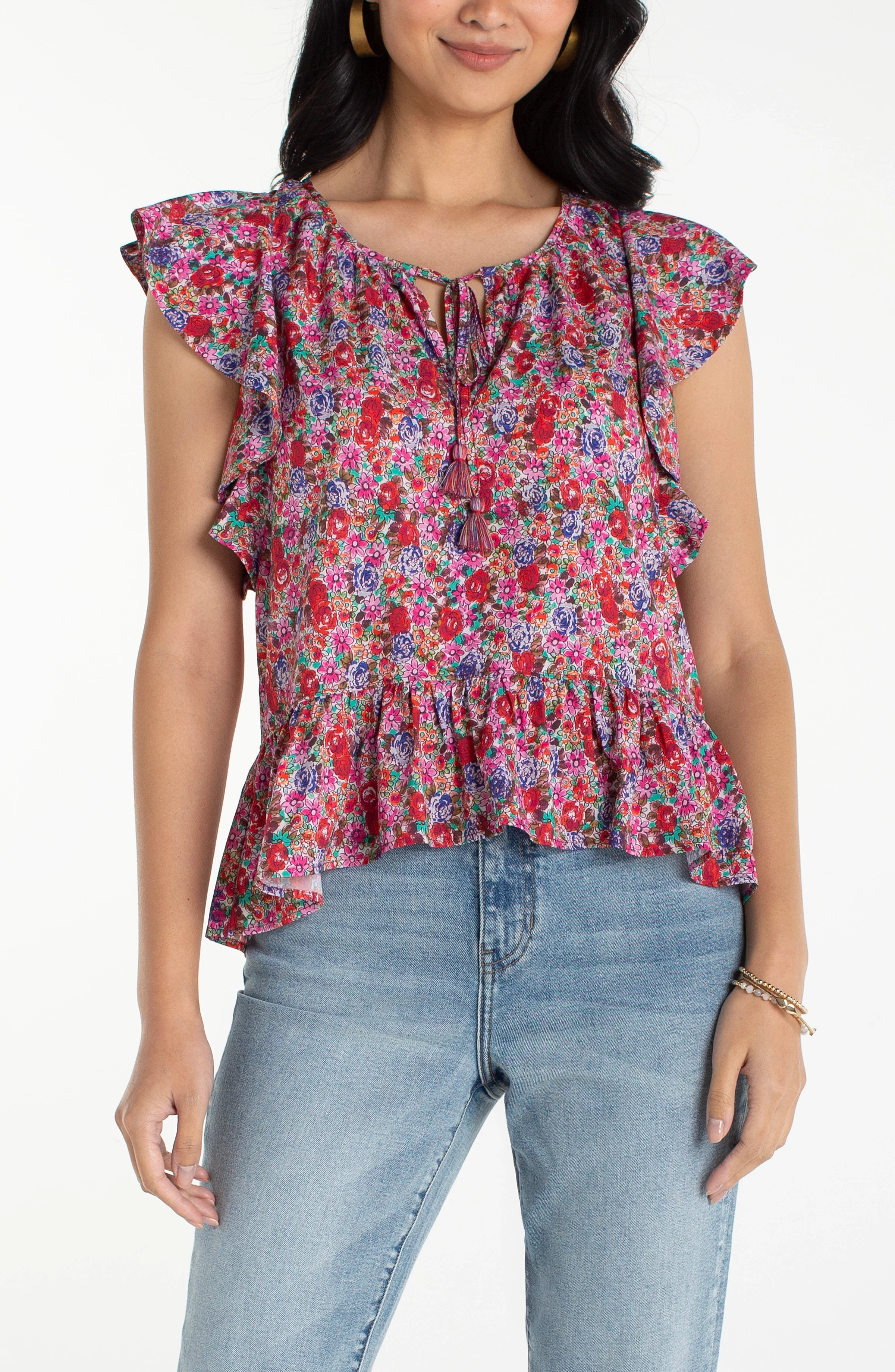 PETITE FLUTTER SLEEVE PEPLUM WOVEN TOP W/ TIES