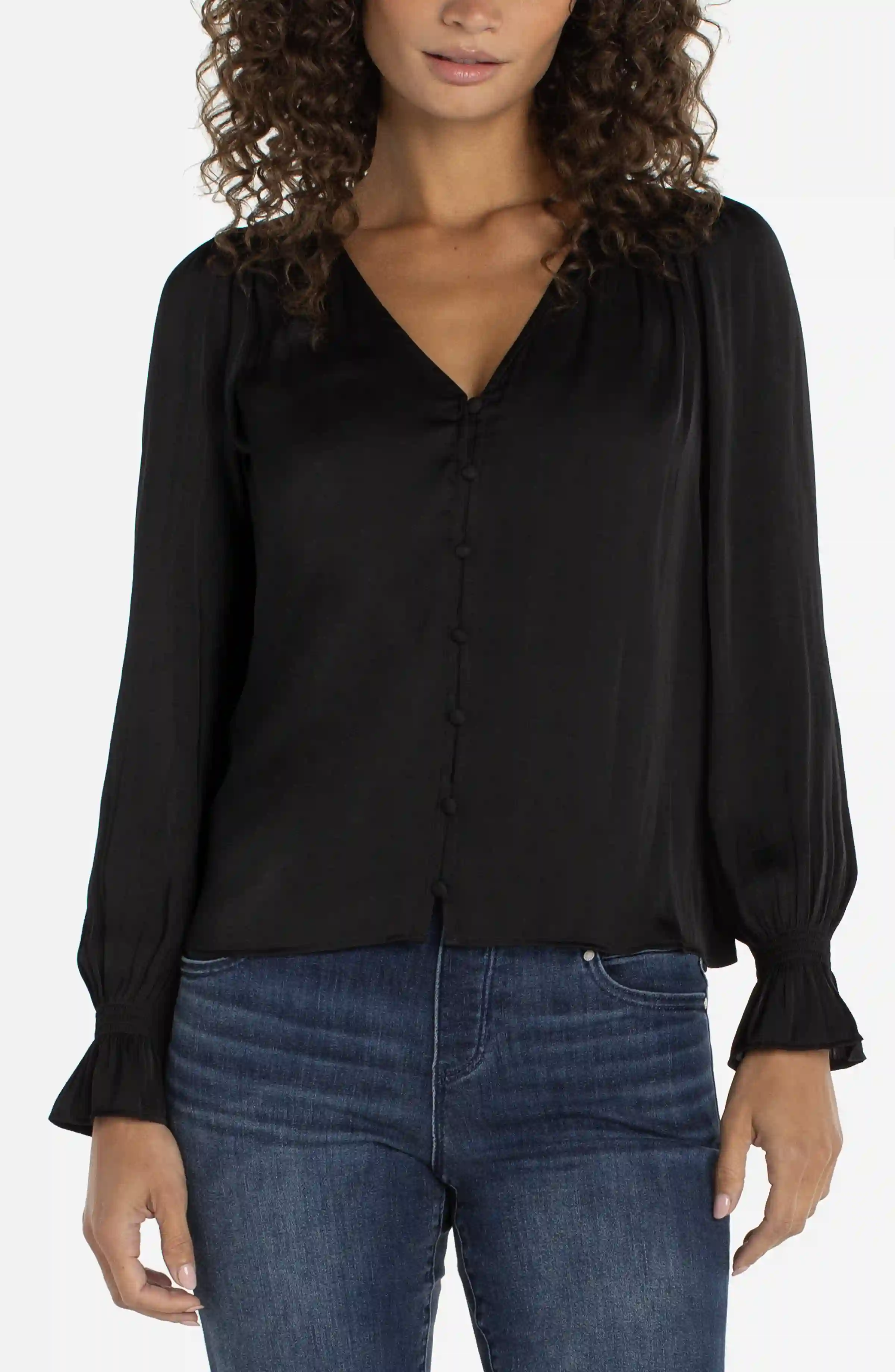 BUTTON FRONT WOVEN TOP W/ SMOCKING