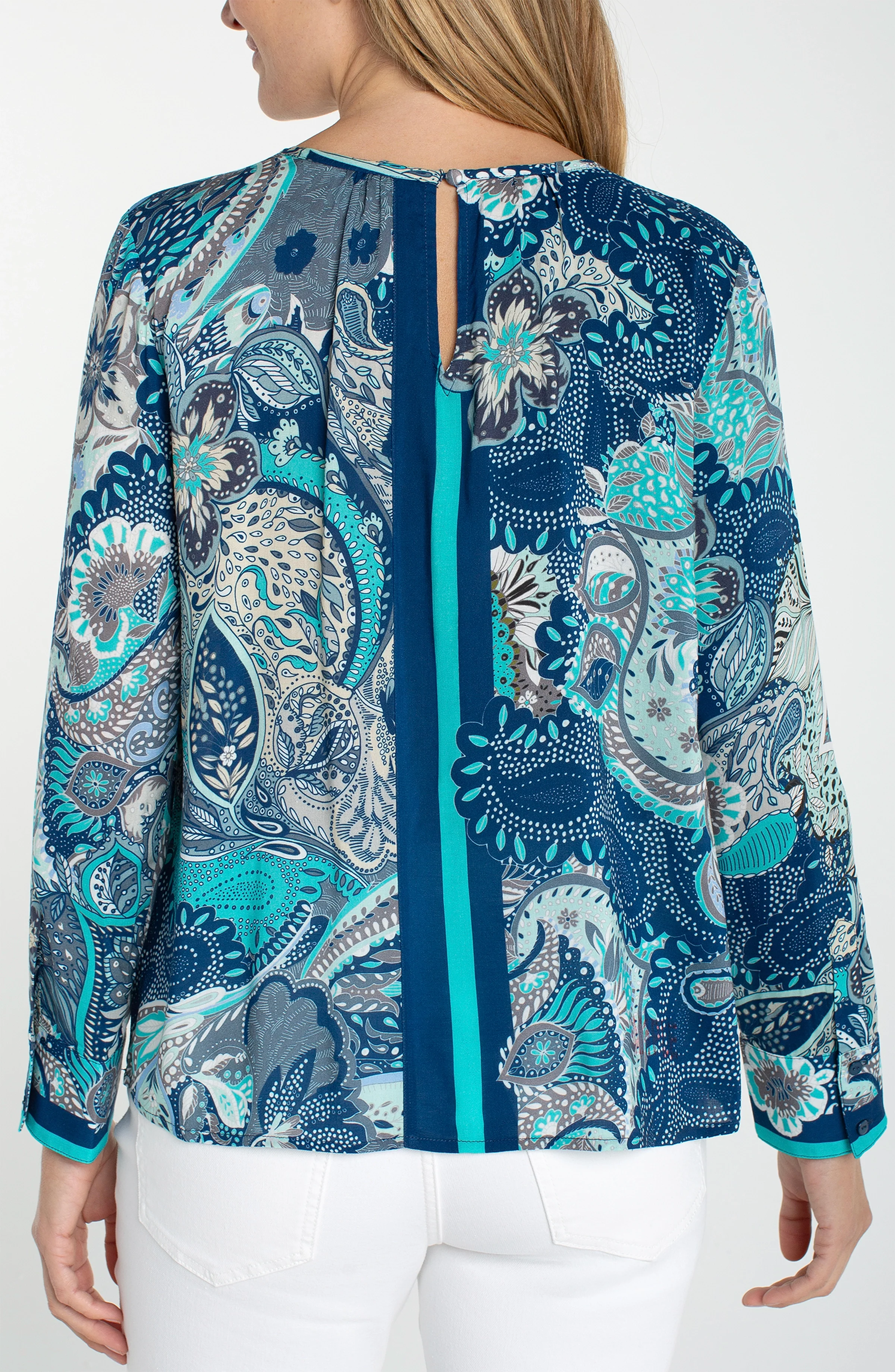 PETITE LONG SLEEVE WOVEN TOP WITH KEYHOLE - Image 2