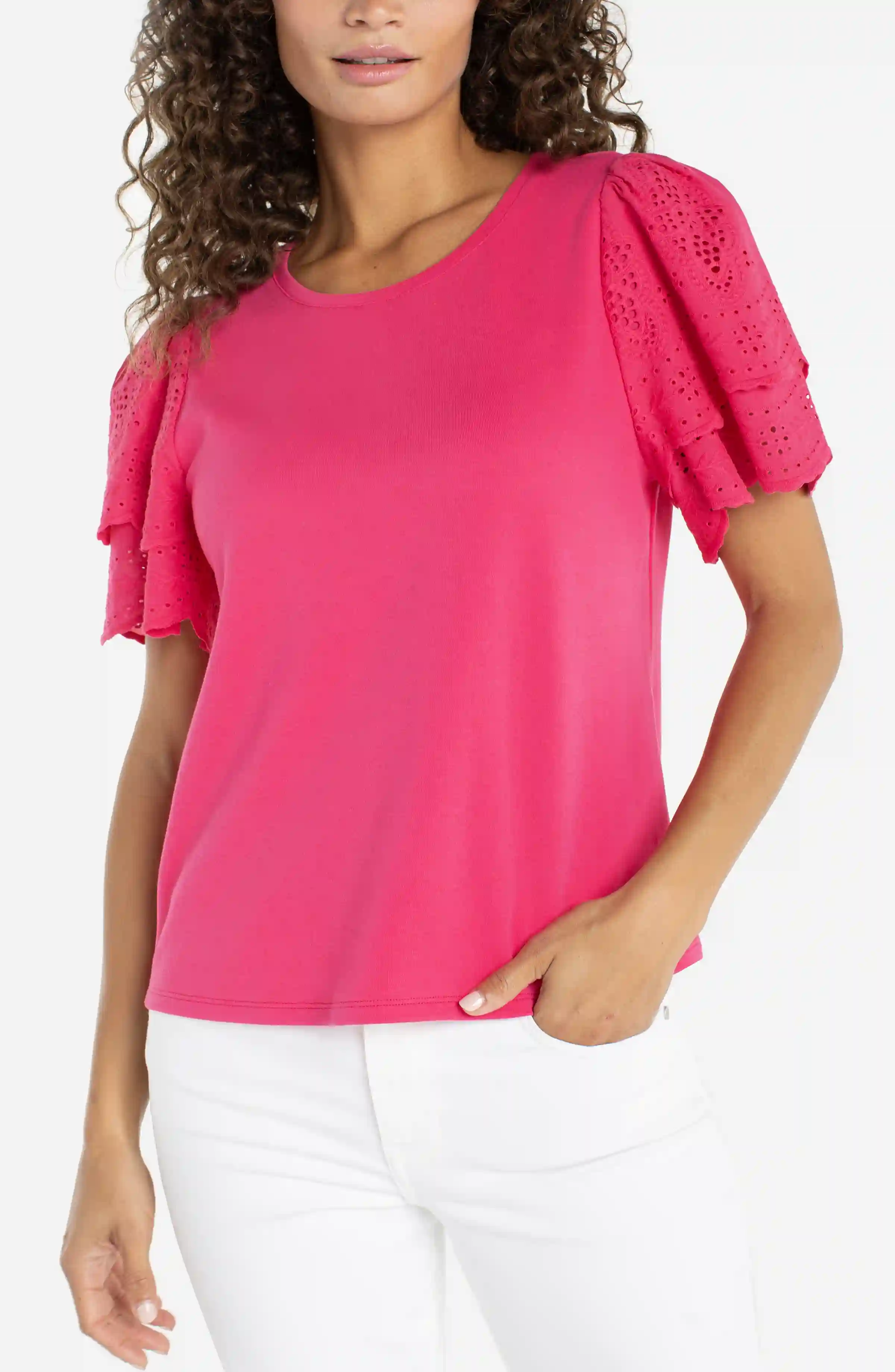 SHORT SLEEVE KNIT-TO-WOVEN TOP
