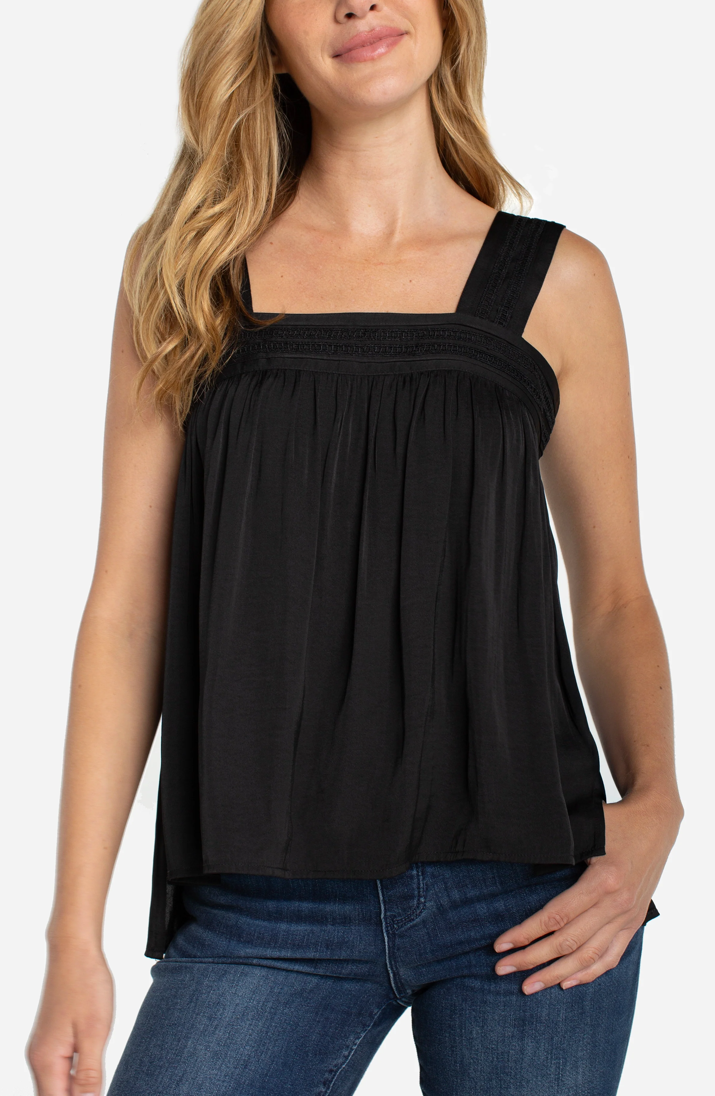 SLEEVELESS WOVEN TOP W/ PINTUCK STRAPS