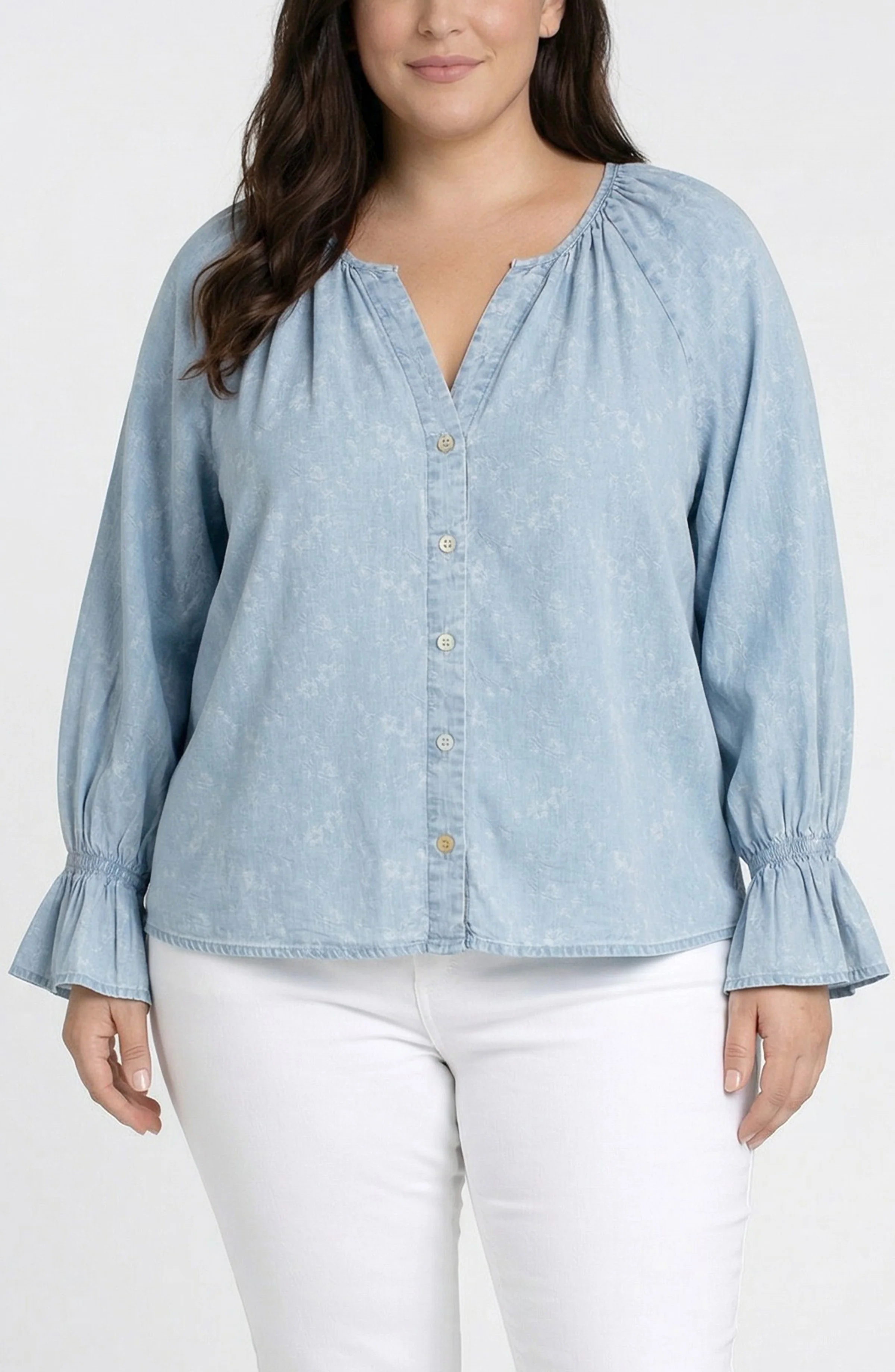 3/4 SLEEVE BUTTON FRONT WOVEN TOP