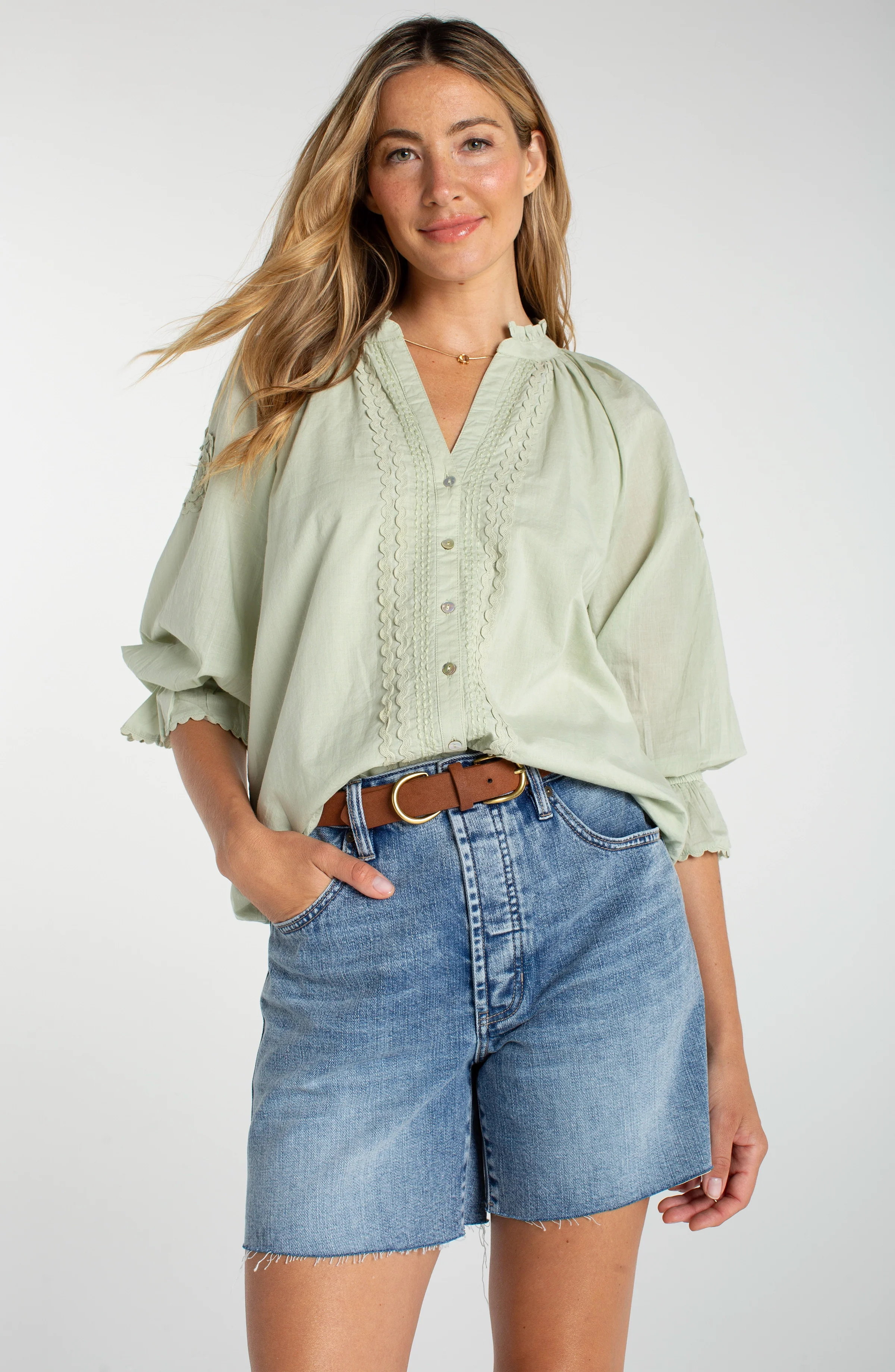 3/4 SLEEVE BUTTON FRONT WOVEN TOP - Image 5