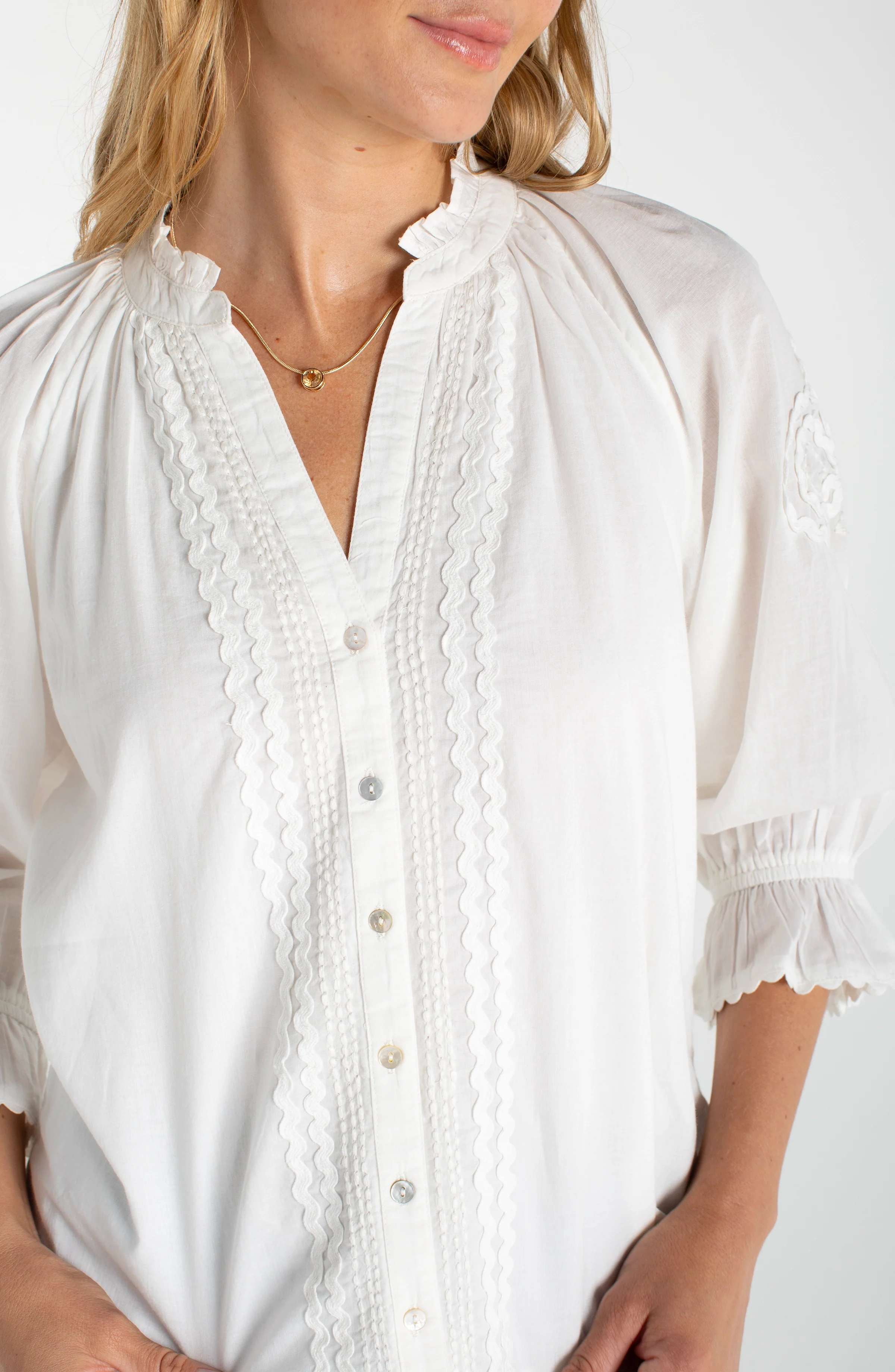 3/4 SLEEVE BUTTON FRONT WOVEN TOP - Image 3