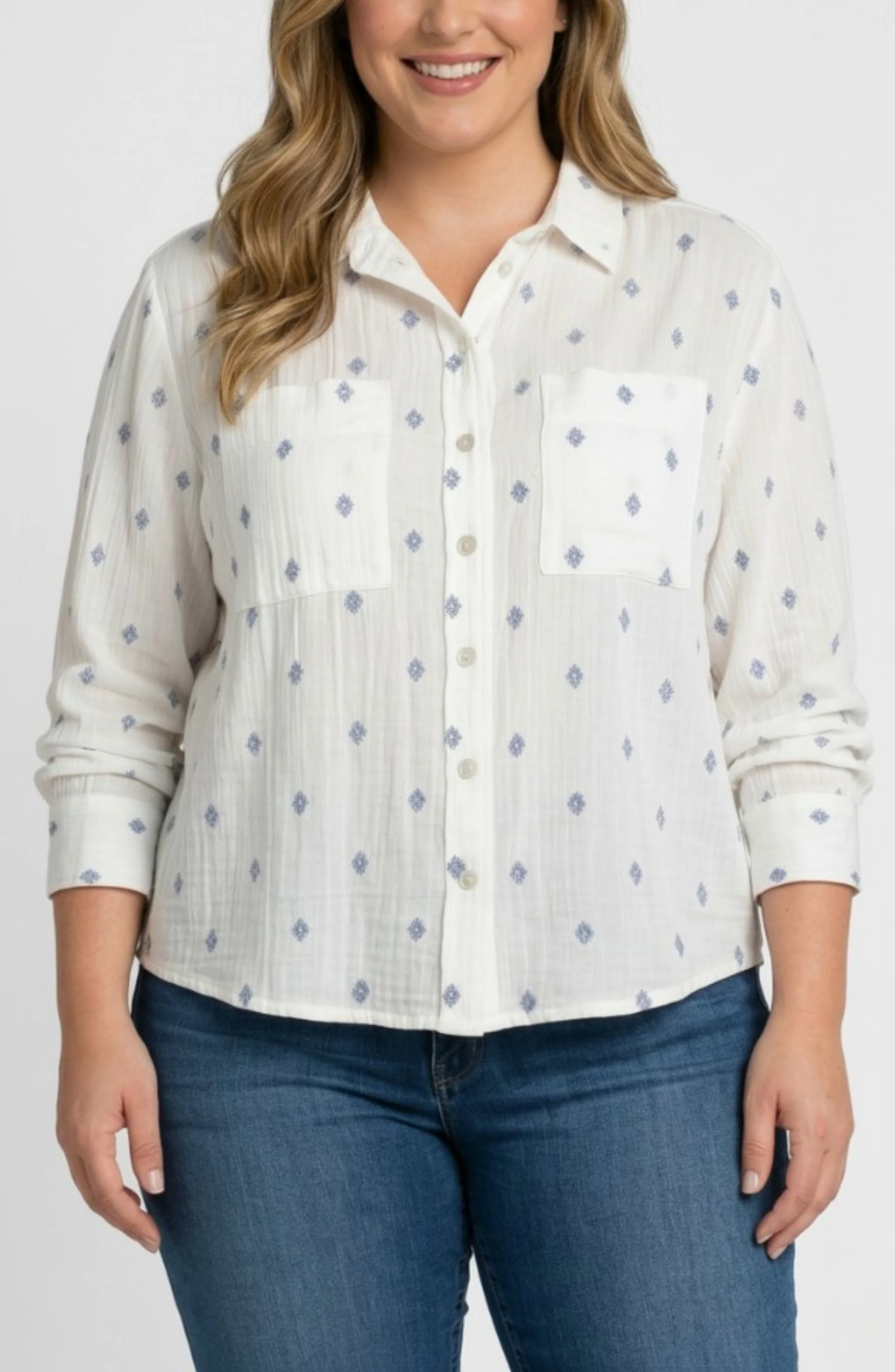 BUTTON FRONT SHIRT W/ HIGH LOW HEM