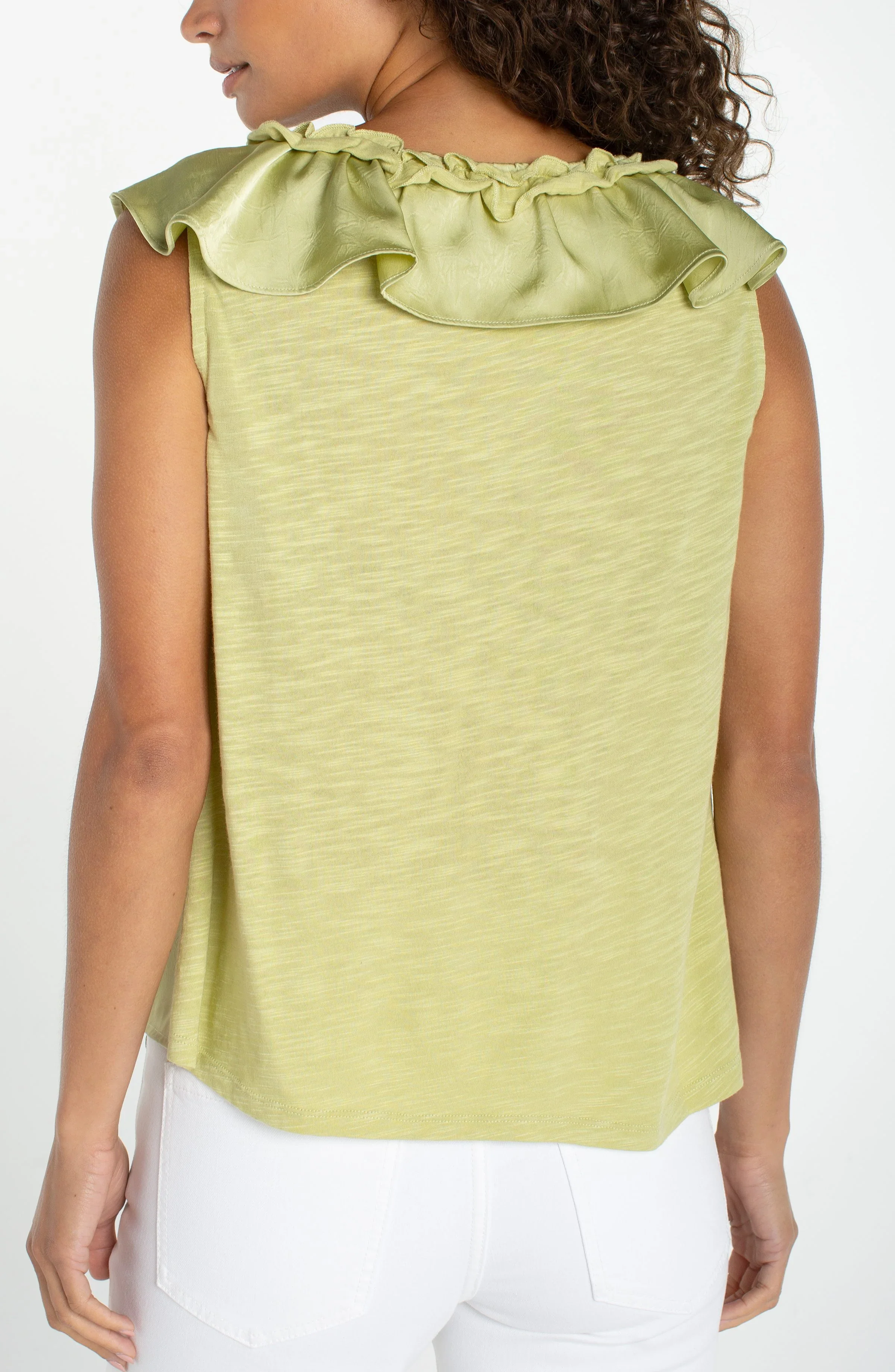 RUFFLE FRONT SLEEVELESS WOVEN-TO-KNIT TOP - Image 2
