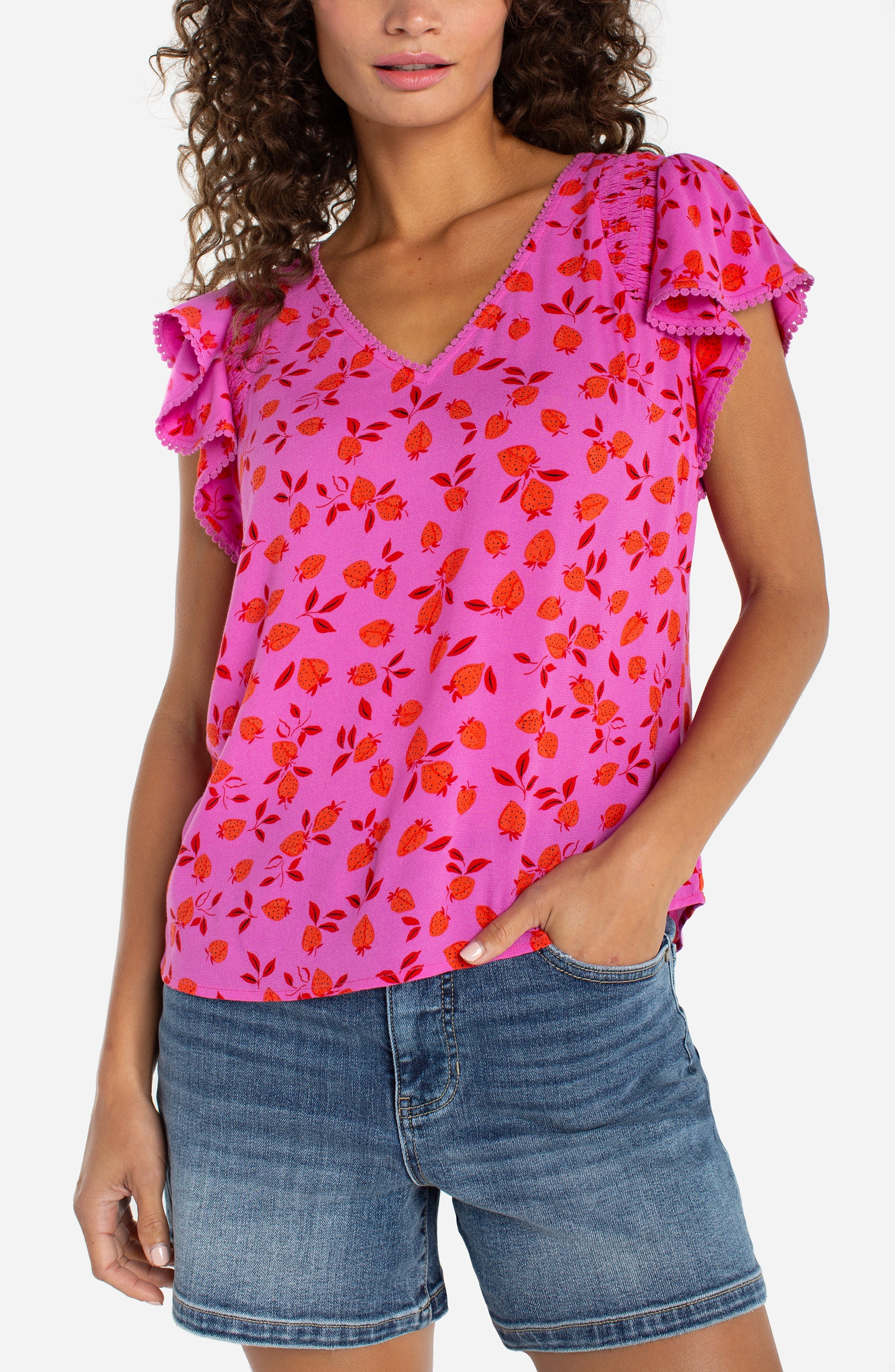 FLUTTER SLEEVE V-NECK WOVEN TOP