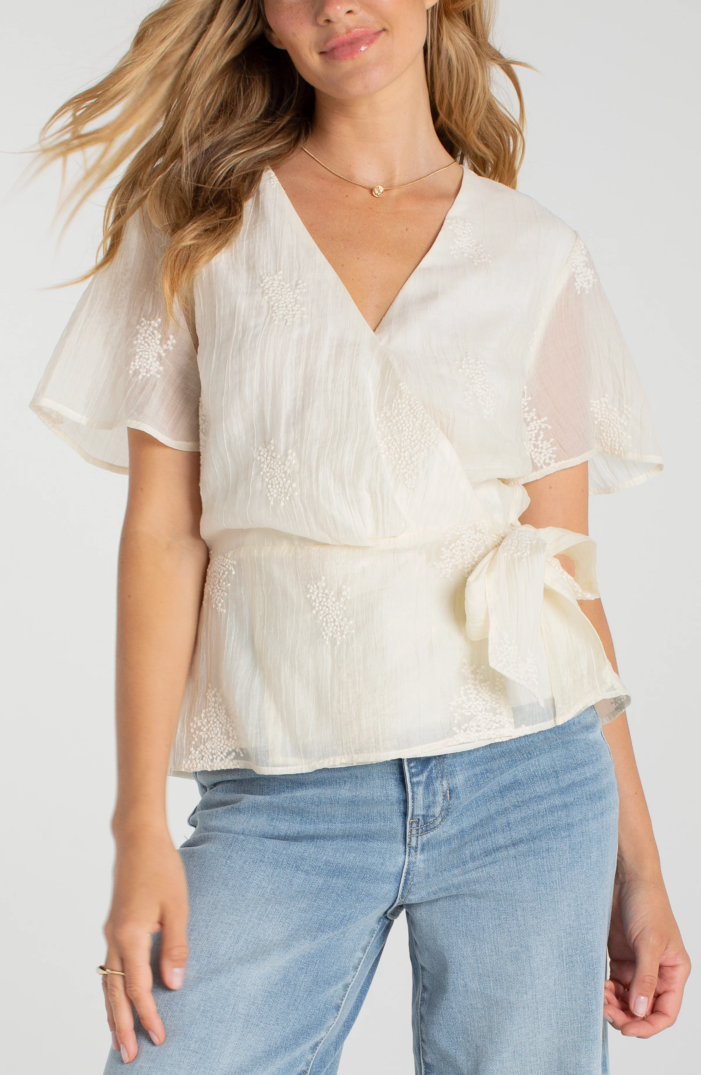 PETITE WRAP FRONT WOVEN TOP W/ TIE