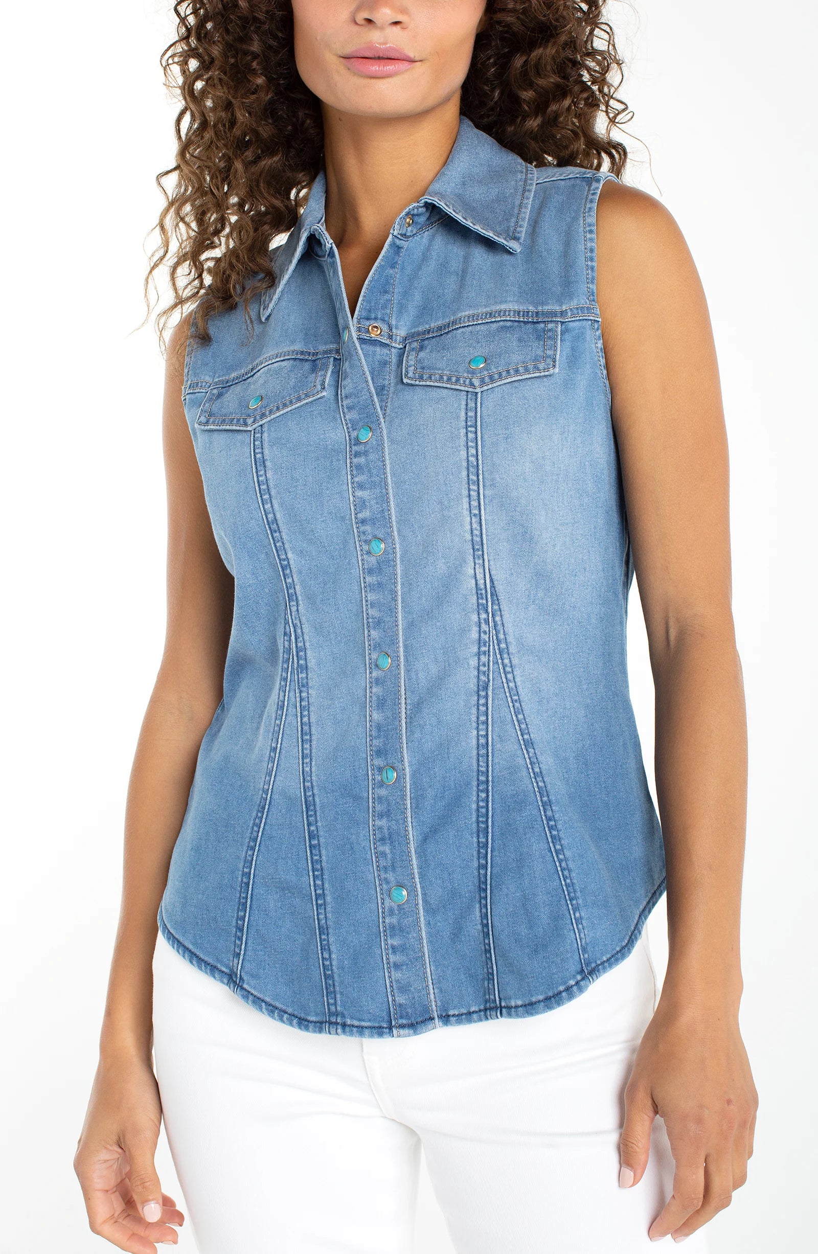 SLEEVELESS DENIM SNAP FRONT SHIRT