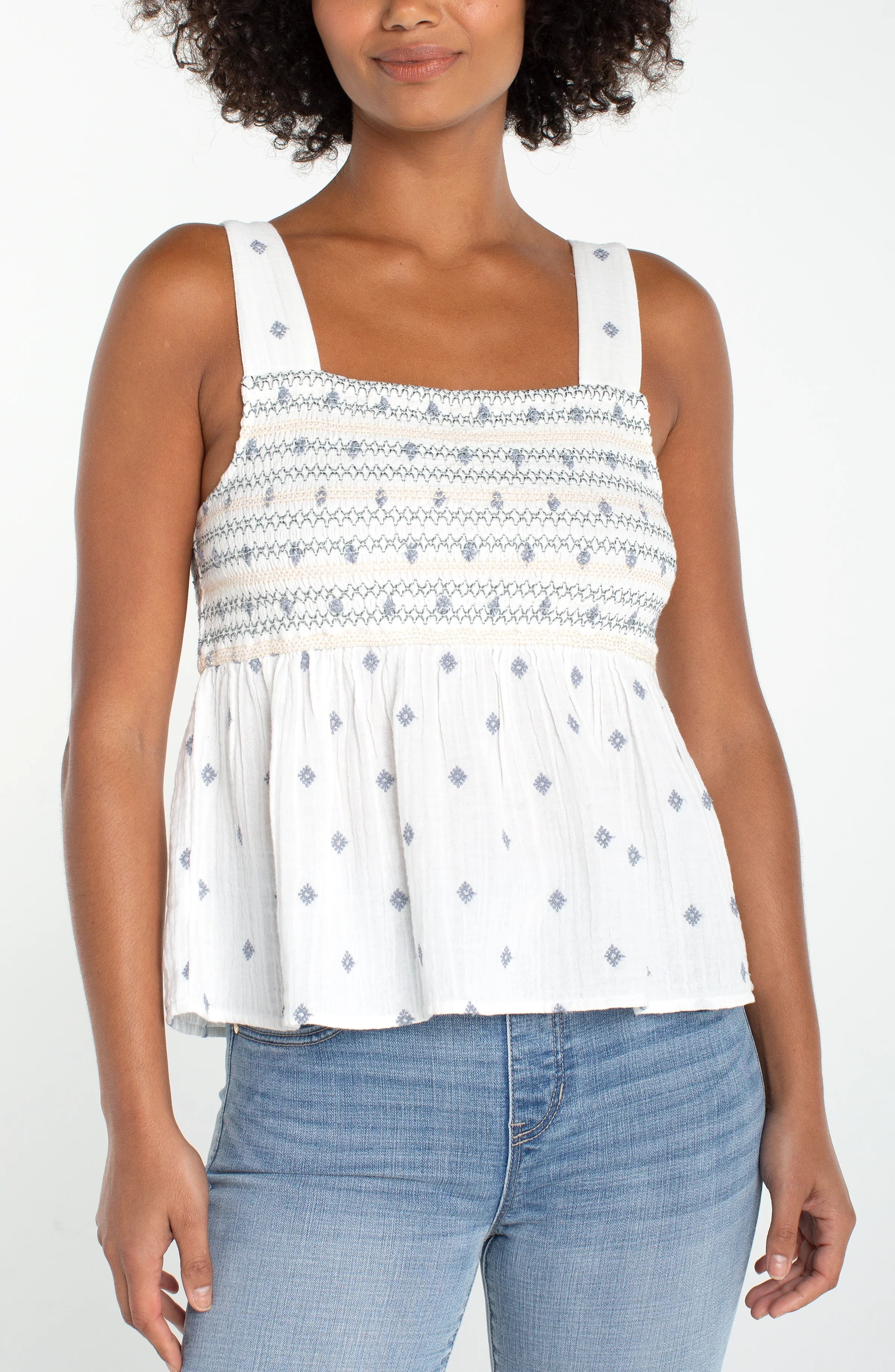 SLEEVELESS SMOCKED WOVEN TOP