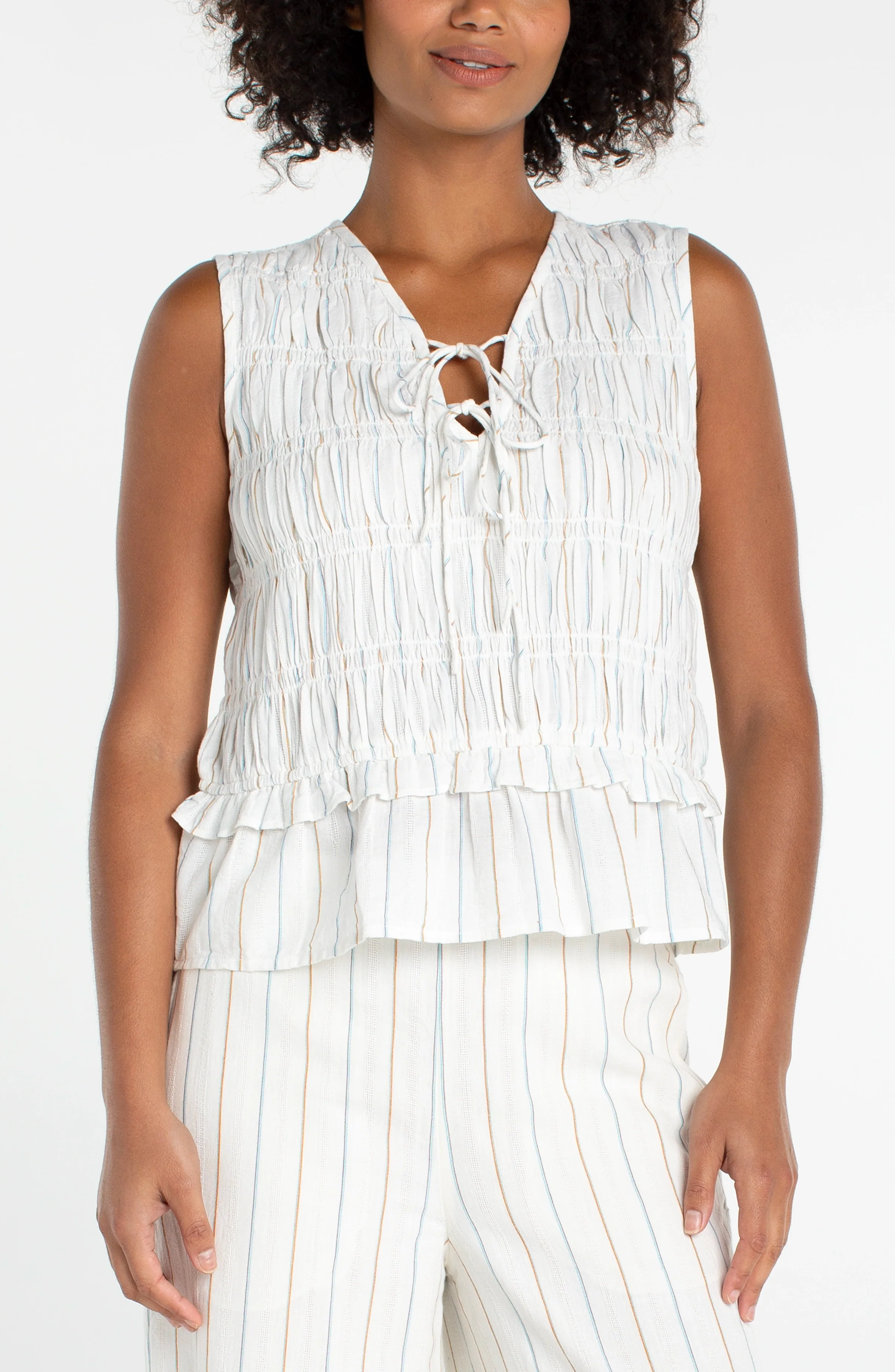 SLEEVELESS TIE FRONT WOVEN TOP