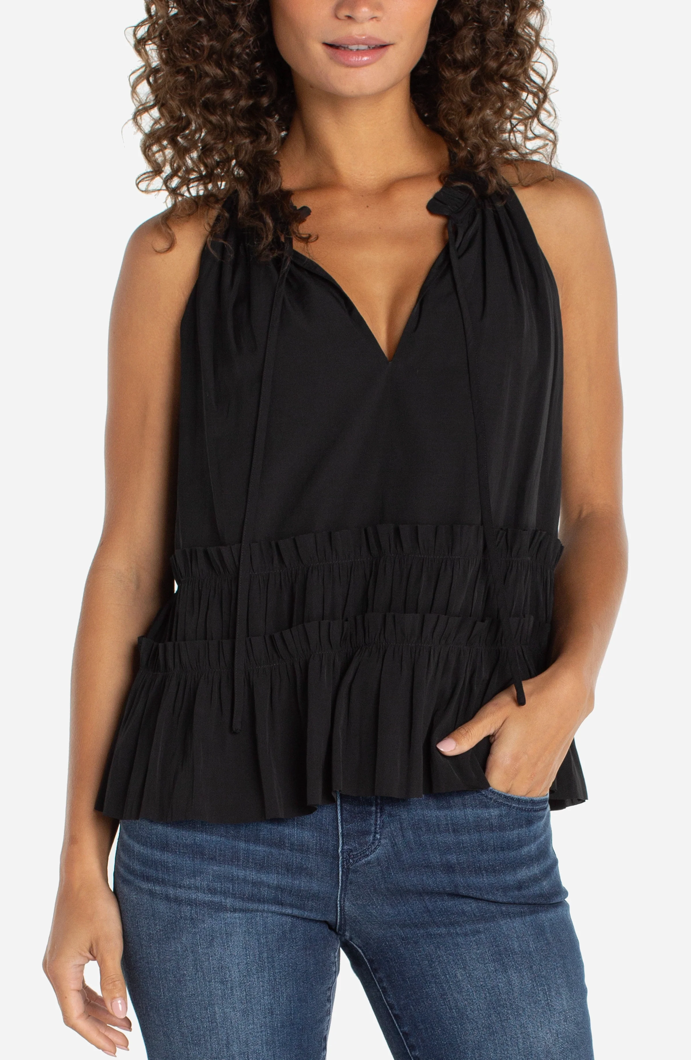 SLEEVELESS WOVEN TOP WITH RUFFLES