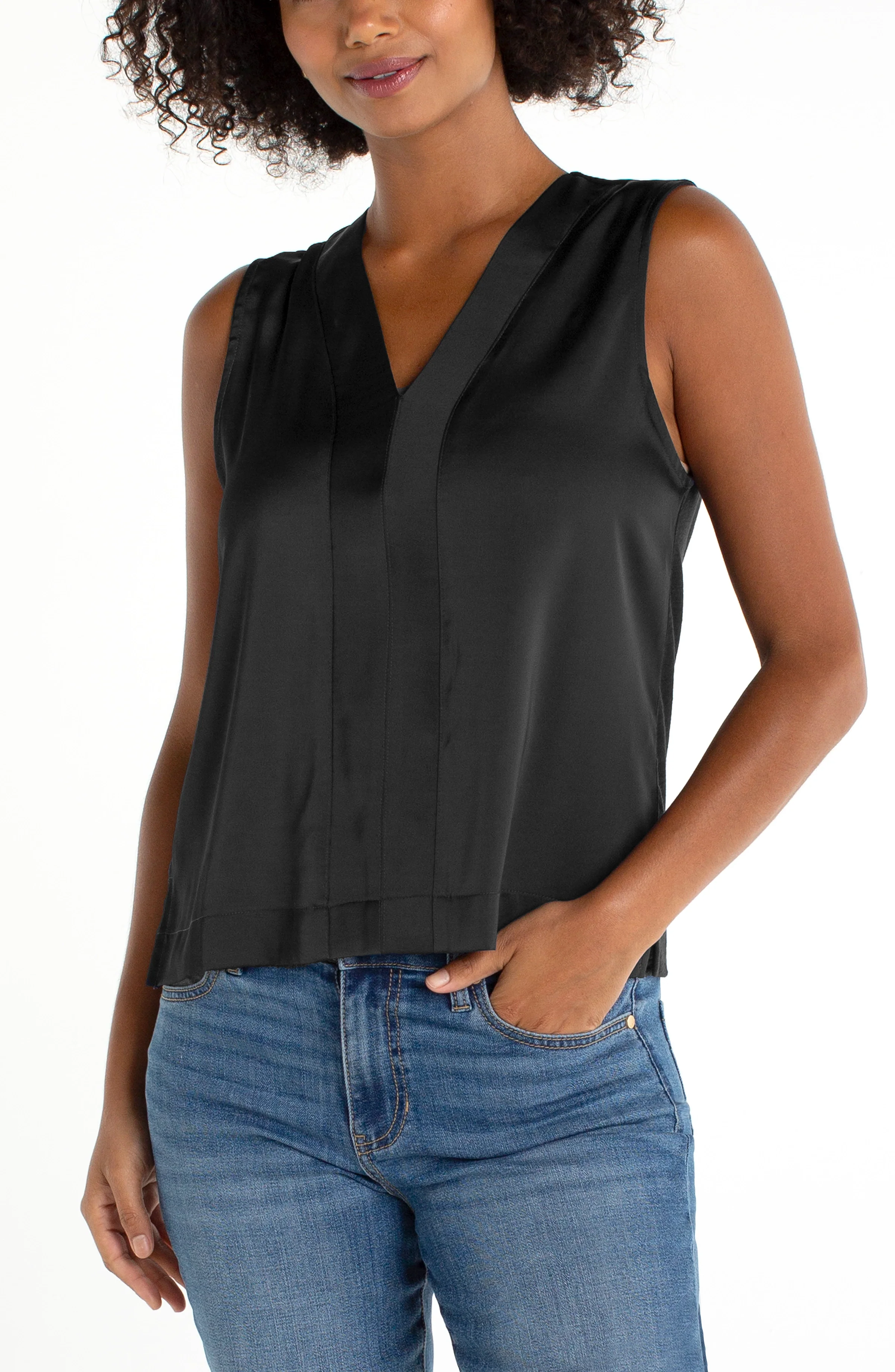 SLEEVELESS V-NECK WOVEN-TO-KNIT TOP